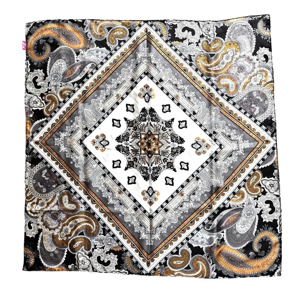 Vintage ECHO silk scarf black tan gray white paisley geometric 30